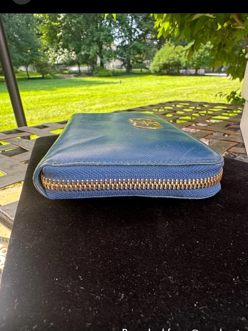 Salvatore Ferragamo Navy Blue Saffiano Zip Wallet with Gold Gancini